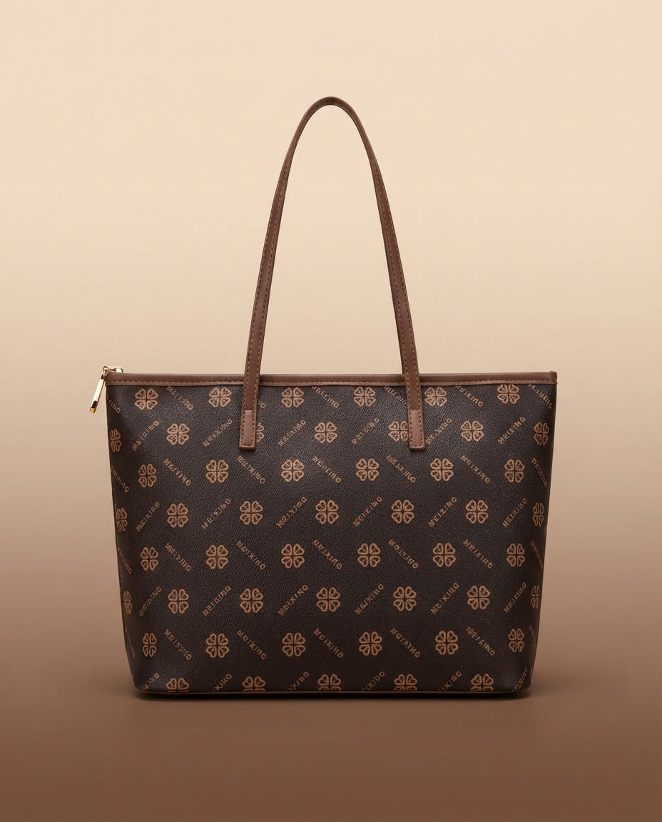 Structured tote bag with repeating small logo pattern and dark handles