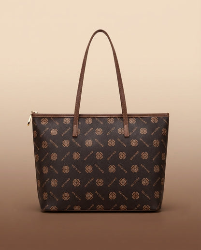 Structured tote bag with repeating small logo pattern and dark handles