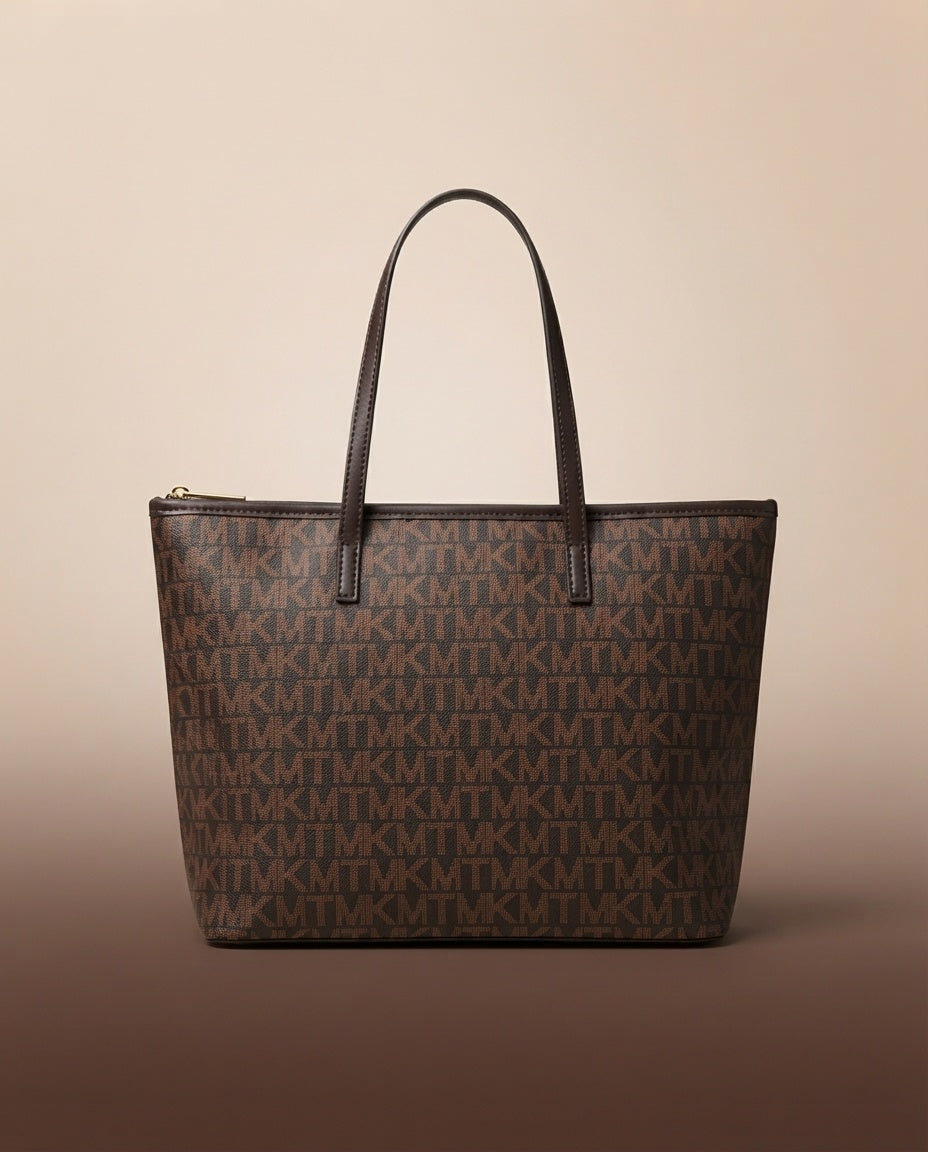 Structured tote bag with repeating logo print and dark top handles