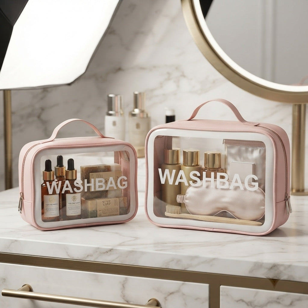 Pink transparent travel toiletry bag with zipper, organizer pockets, Washbag print