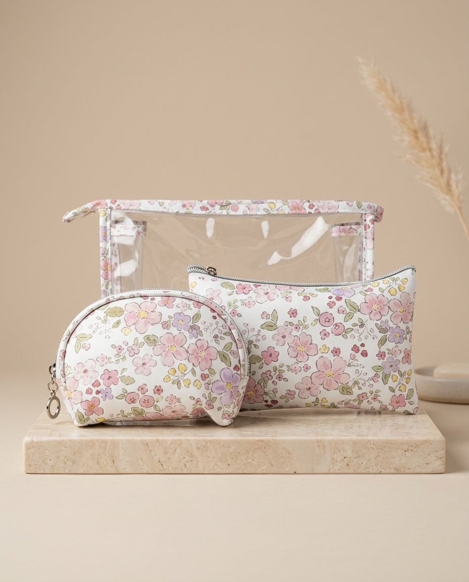 Floral clear cosmetic pouch set with clear dome top and two zip pouches