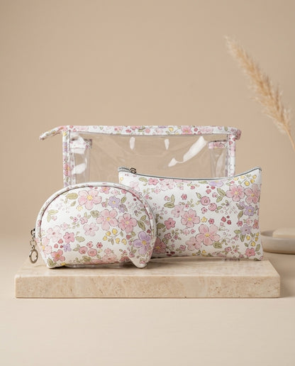 Floral clear cosmetic pouch set with clear dome top and two zip pouches