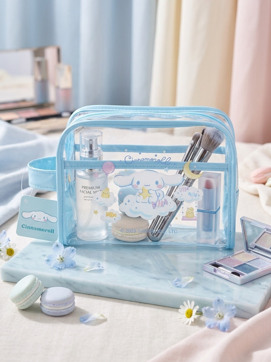 Cinnamoroll clear cosmetic pouch with light blue zipper, character print, transparent front