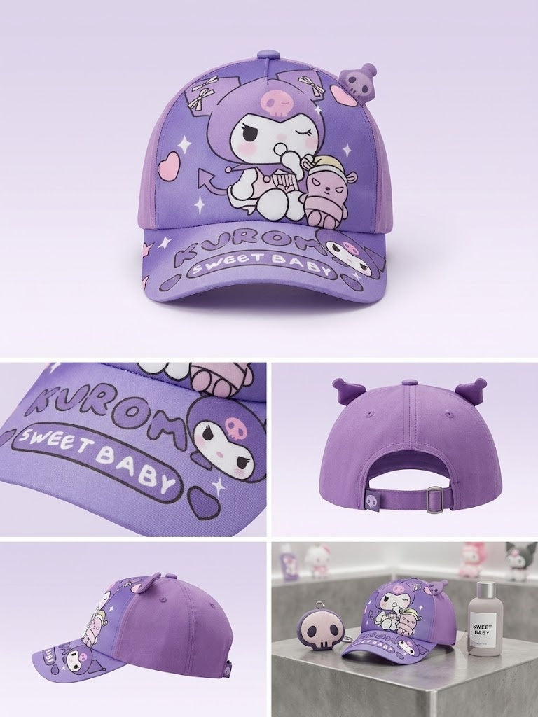 Kids purple baseball cap with Kuromi Sweet Baby graphics, adjustable strap, mesh back
